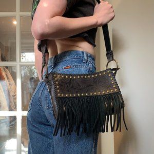 Vintage Leather Studded Y2K Purse with Fringe